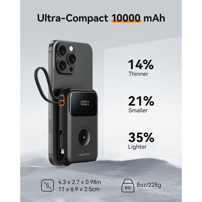 Power Bank Kuulaa для Apple Watch 10000mAh з LCD-дисплеєм та двома кабелями, 22.5W PD, сумісний з iPhone, iPad, Apple Watch 10/9/8/Ultra2/Ultra/SE