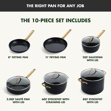 GreenPan Reserve Harteloxierte healthy ceramic non-stick coating, 10-piece cookware set, pots and pans set, gold-colored handle, PFAS-free, dishwasher safe, oven safe, black