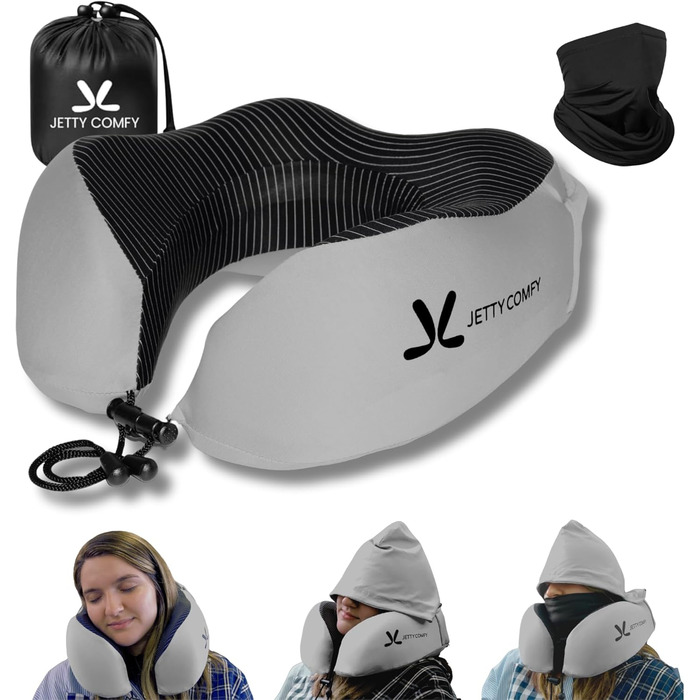 Подушка для шиї в подорожах з Memory Foam з капюшоном та захистом обличчя: підтримка шиї, зменшення навантаження та втоми, захист приватності в літаку