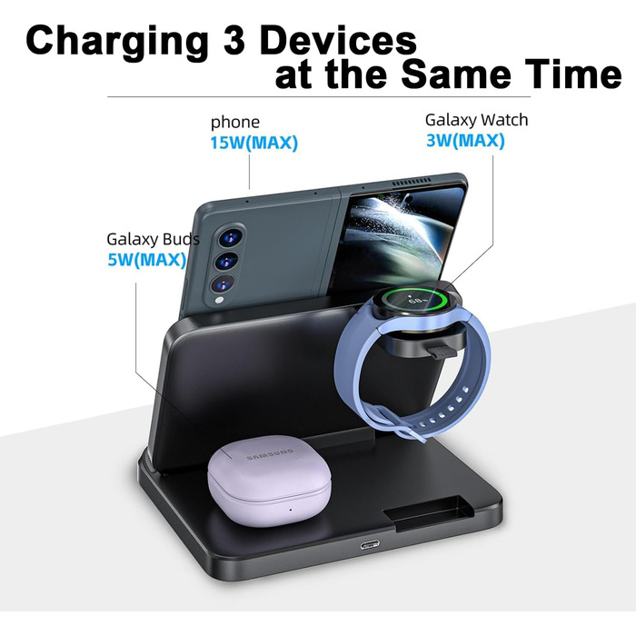 Бездротова зарядка 3-в-1 для Samsung Galaxy: S25/S24/S23/S22, Z Flip 6/5, Z Fold 6/5, Buds3 Pro/Buds3, Watch7/Watch Ultra/Watch6 (Чорний)