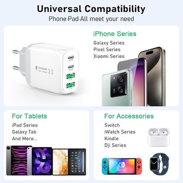 Зарядний пристрій USB-C 40W 4-портовий Cshare з PD 3.0, білий. Сумісний з iPhone, iPad, Samsung Galaxy, Android та іншими пристроями.