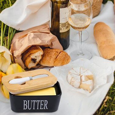 Porcelain butter dish with lid, airtight silicone butter keeper for butter, nuts, cheese, plus butter spreader.