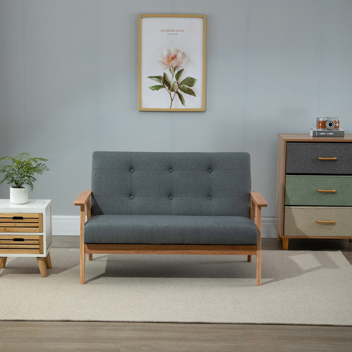 HOMCOM Подвійне диван-крісло Loveseat на 2 місця з м'якою оббивкою, компактний дизайн з льону та гумового дерева, сірого кольору, розміром 115x66,5x73 см для вітальні
