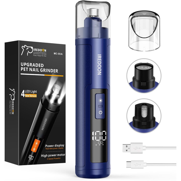 Шліфувальник кігтів для собак Profi Krallenschleifer 3-Gang з LED-підсвіткою та індикатором потужності. Тихий, перезаряджуваний, для собак великих, середніх та малих порід. Колір: темно-зелений (блакитний)