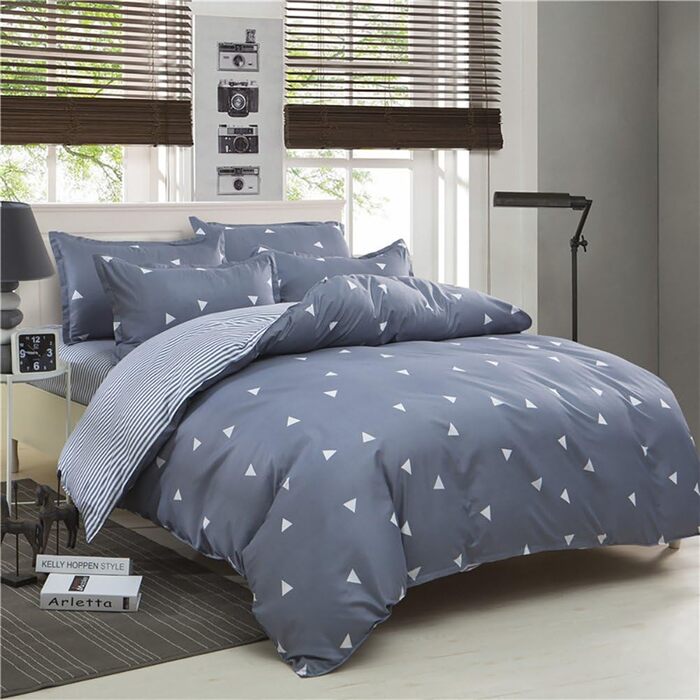 Комплект постільної білизни Uozzi Bedding Queen: 3 шт., блакитний, сірий, трикутник, 800 TC, мікрофібра, блискавка, 4 стрічки, сучасний літній стиль для жінок та чоловіків (Сірий, King Size)