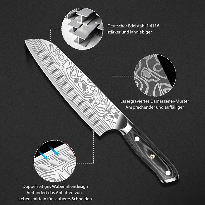 Ніж Santoku MOSFiATA 18 см кухонний, сталь EN 1.4116, дерев'яна ручка - гострий ніж для кухні