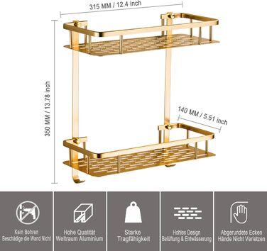 No-Drill Shower Shelf, Square Shower Rack Bathroom Shelf for Shampoo and Shower Gel Holder Bathroom Wall Shelf Organizer With 2 Hooks (2 Tier, Champagne Gold)