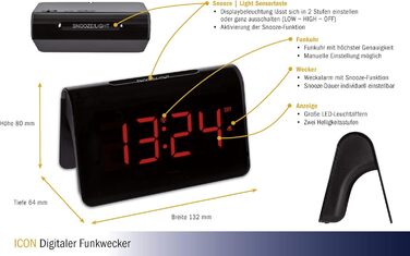 TFA Dostmann ICON Digital Radio Alarm Clock, 60.2543.05, Alarm with individual snooze duration, 2 brightness levels, very bright red LED digits, radio clock, black