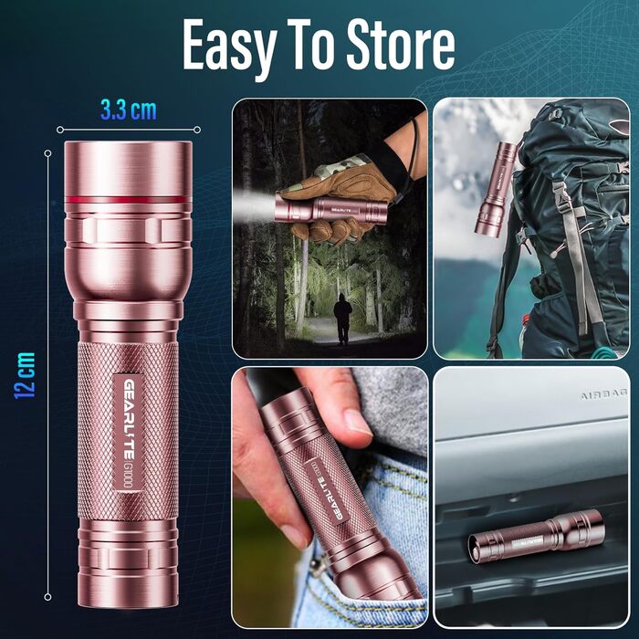 Ліхтар LED Gearlite перезарядна, 1000 люмен, 3 режими, зумування, водонепроникний IP65, для кемпінгу та активного відпочинку (Рожевий)