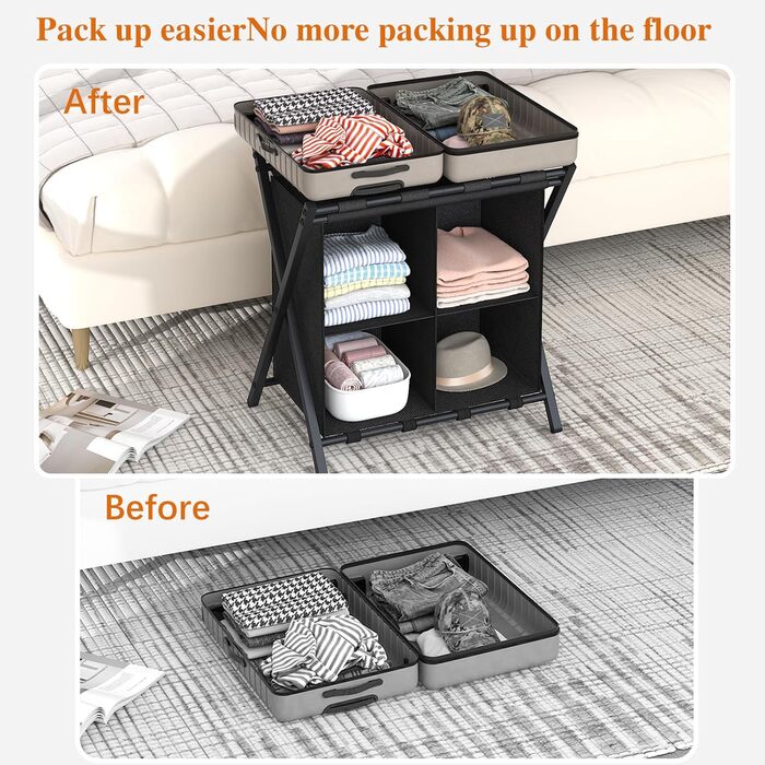 ABOXOO 2-Pack Luggage Rack with Storage, Guest Room, Folding, Holds up to 54.4 kg, Space-Saving Suitcase Rack for Guest Rooms, Bedrooms, Hotels, Black