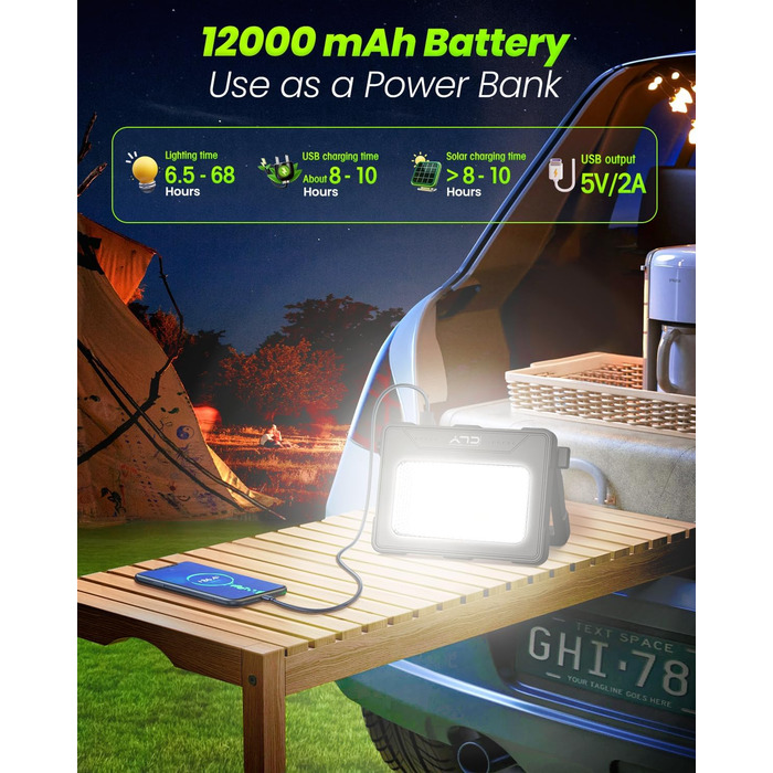 80W LED Construction Floodlight Battery Solar Work Light Portable, 4 Light Modes 12000mAh Battery Work Light USB Rechargeable 5 Brightness Levels Camping Lamp Portable Outdoor for Emergencies Construction Site Camping Garage