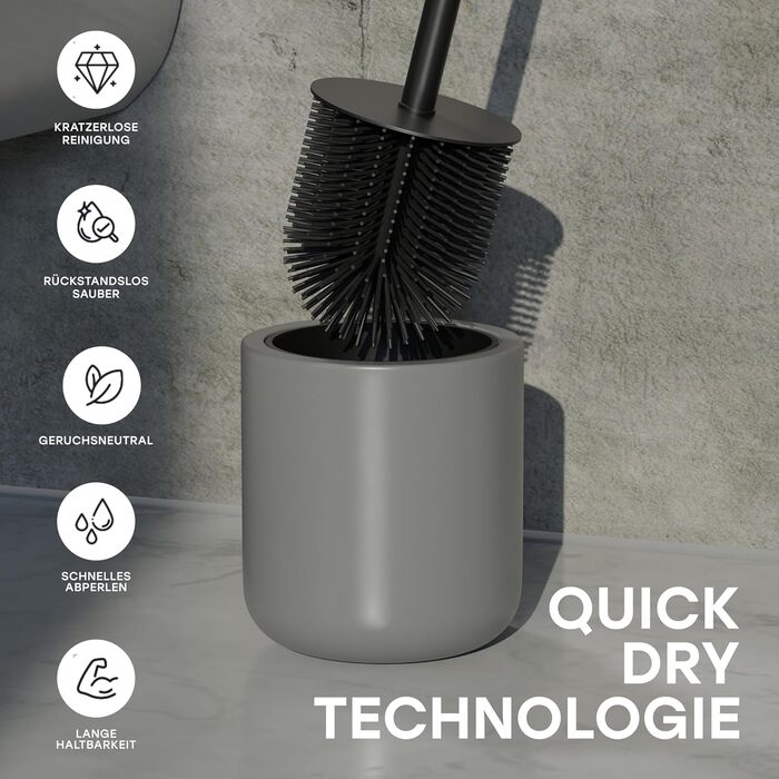 Набір для туалету SAVEGA: щітка для унітазу з нержавіючої сталі та силікону з антибактеріальною насадкою та тримачем (сірий)