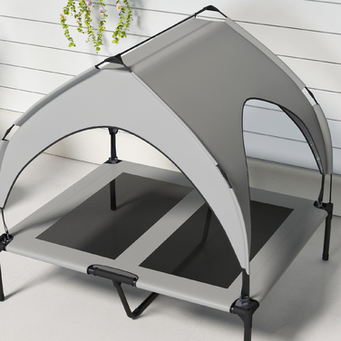 PawHut Elevated Dog Bed with Canopy, Pet Bed, Outdoor Dog Lounger with Roof, Breathable, for Large Dogs Light Grey Oxford 91 x 76 x 89 cm | Aosom
