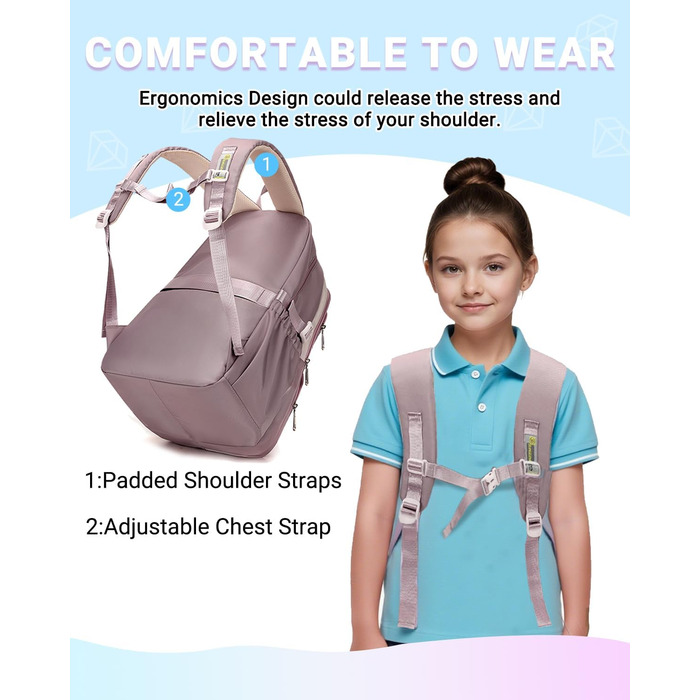 Дитячий рюкзак для дівчинки Kinderrucksack 32L, 2-10 клас, легкий, з дихаючою спинкою та м'якими лямками, для школи, 8+ років, фіолетовий