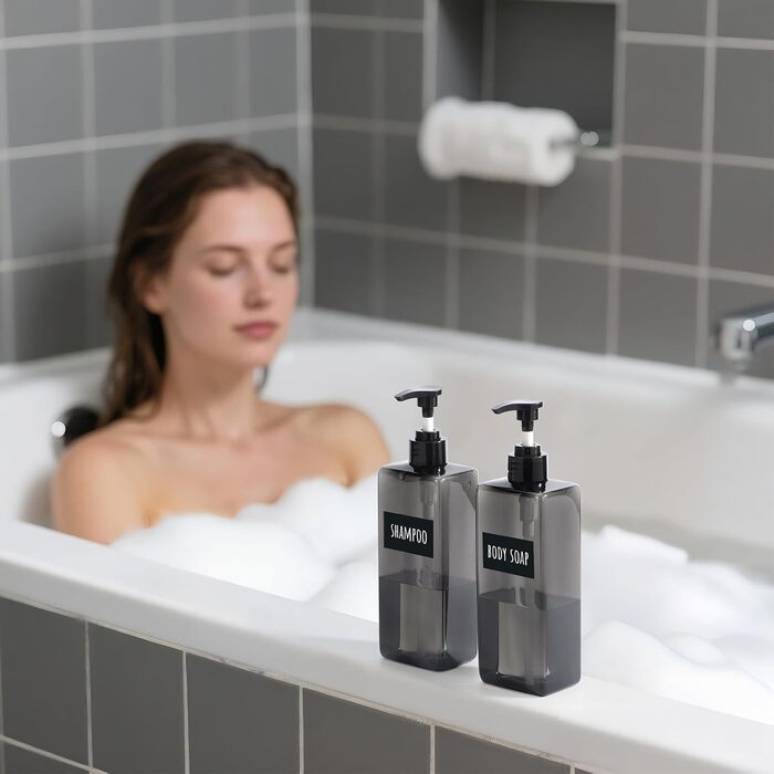 Диспенсер для мила Segbeauty Quadratisch (4 шт) Сірий 500 мл - Набір дозаторів для шампуню, гелю для душу, рідкого мила, багаторазові пластикові помпові пляшки для кухні та ванної кімнати з етикетками