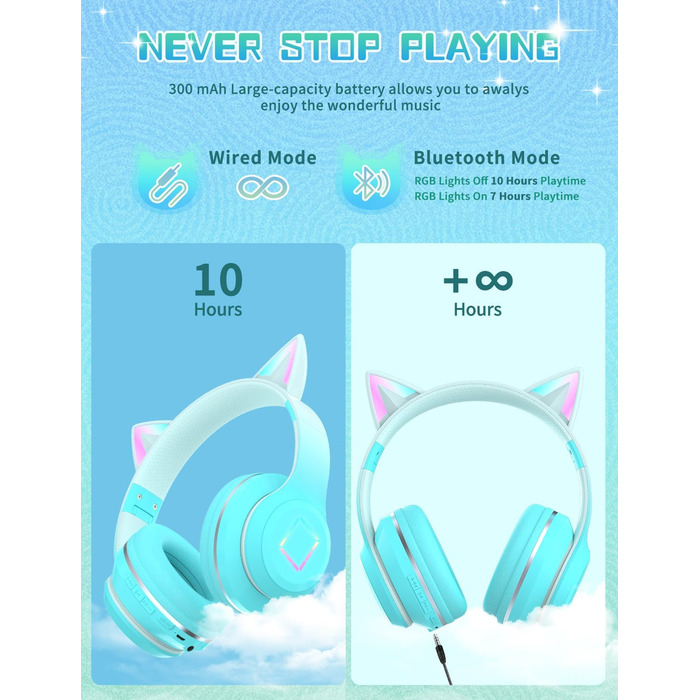 Бездротові навушники Bluetooth для дітей з LED-підсвіткою, котячими вушками та мікрофоном, HD стерео звук, складні, регульоване наголов'я, для дівчаток, PC/Tablet/навчання/школу (зелені)