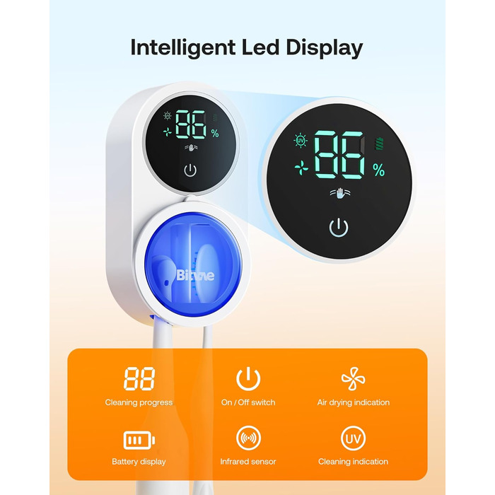 Toothbrush Cleaner, Cleaning and Air Drying, LED Smart Screen, Rechargeable Wall Mount, White