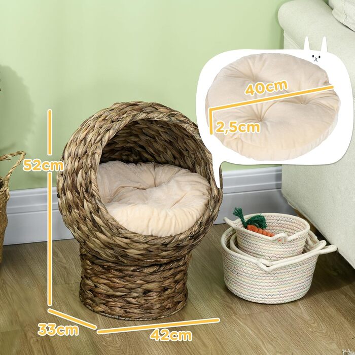 PawHut Rattan Cat Basket Cat Cave Cat House Cat Bed with Cushion Pet Bed Water Hyacinth 42 x 33 x 52 cm (42L x 33W x 52H cm, Coffee)