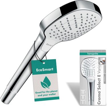 hansgrohe Croma Select E - water-saving showerhead 9 l/min (EcoSmart), hand shower with 3 spray patterns, square shower head (110 x 110 mm), showerhead with water-saving function and anti-limescale feature, White/Chrome