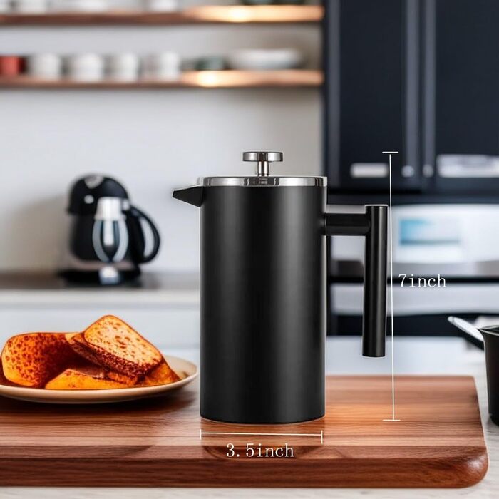 French Press Thermo with Keep-Warm Function, Coffee Maker made of double-walled stainless steel 0.65l, Replacement Filter I Coffee Press also for Home (Black, 650ml)
