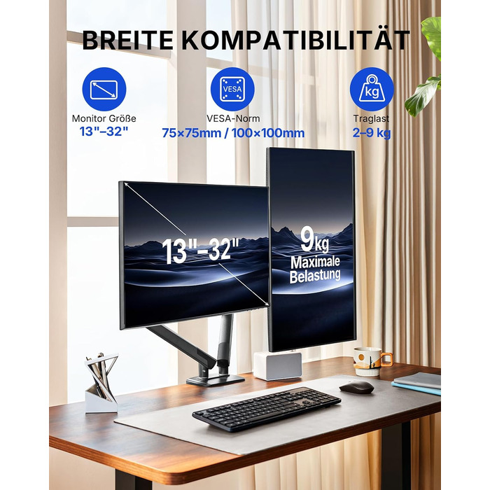 Кронштейн для двох моніторів HUANUO FlowLift Pro MechaSpring, 13–32 дюйми, до 9 кг, VESA 75/100 мм, регулювання нахилу, повороту та обертання, для геймінгу та офісу