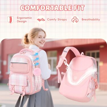 Шкільний рюкзак Tanou для дівчаток, ергономічний, великий, рожевий, з принтом в клітинку