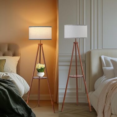 Стельова лампа з полицею, пульт дистанційного керування, 3 колірні температури, тринога, для вітальні, спальні, офісу (горіх), бежевий абажур