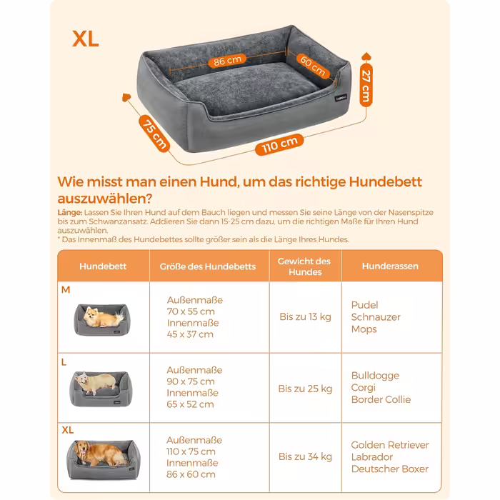 Feandrea Dog Bed, Linen-Look Dog Cushion, Dog Basket, Raised Edges, Non-Slip Bottom, Removable and Washable Cover, XL, for Large Dogs, 110 x 75 x 27 cm, Light Grey PGW12GG