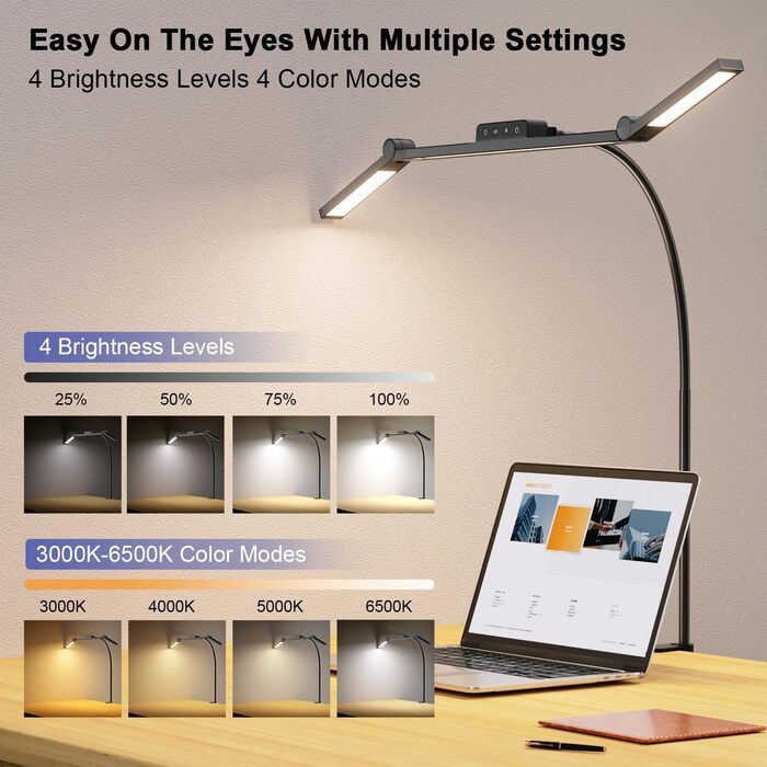 LED лампа для столу EppieBasic з кріпленням, 24W, 3 наголовки, регулювання яскравості, 1200LM, захист очей, 4 колірні температури, таймер 30хв, для офісу та дому, чорний колір