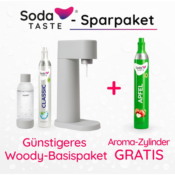 Система газування води Mysoda Woody (сірий) з пластиковою пляшкою 1L та 2 CO2 циліндрами (Classic, Apfel)