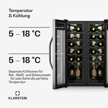 Klarstein Freestanding Wine Cooler - Compact Beverage Refrigerator with Dual Zone & Glass Door - Indoor/Outdoor Beersafe - LED Lighting - 5-18°C - 33 Bottle Capacity (24 Bottle - 2 Zone) - Black