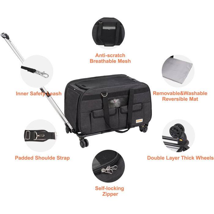 Тролей для собак VEVOR, 15.8 кг, чорний: зручний рюкзак-переноска для тварин з 4 колесами та кишенями для аксесуарів. Ідеально для подорожей та прогулянок.
