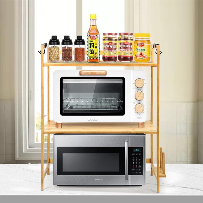 Поличкова система для мікрохвильової печі 3 яруси, органайзер з гачками, розширювана, висувна, 40-64см, з вуглецевої сталі (3 яруси, бамбук, 55x35x67см)