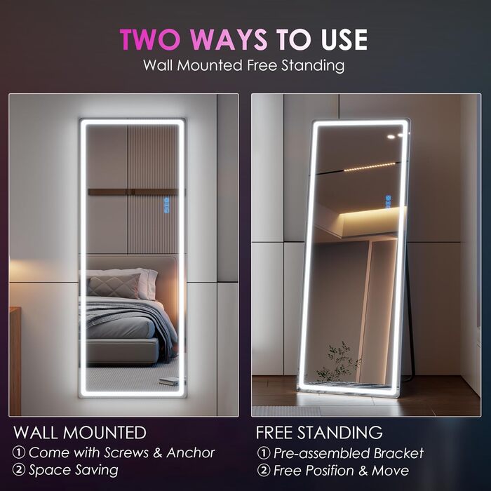 Дзеркало для тіла LVSOMT з підсвічуванням, настінне, LED, 120x40 см, для спальні, подарунок, білий