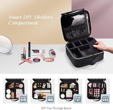 Косметичка для макіяжу та косметики, органайзер для подорожей, чорна. З ручкою та регульованими перегородками