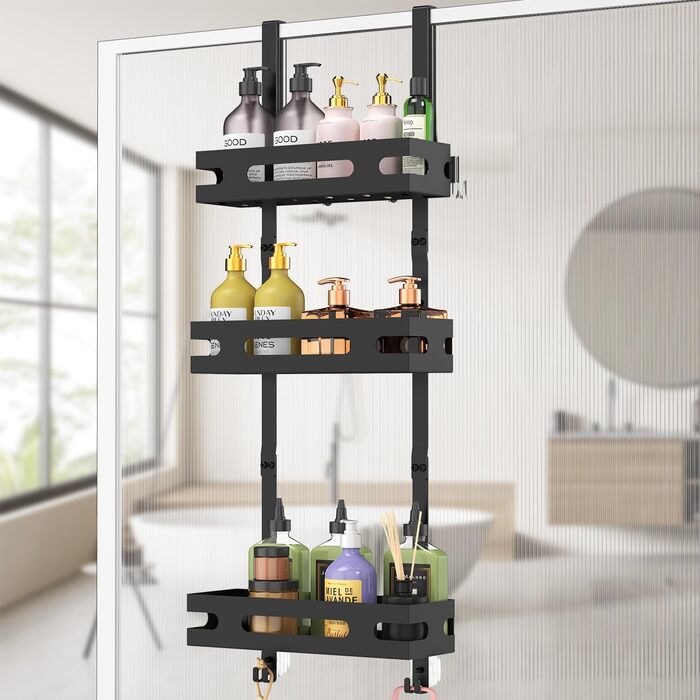 Настінна поличка для душу YEAUPE PRO 3 яруси – органайзер для ванної кімнати без свердління, з 2 присосками, 6 гачками, чорний, до 18 кг