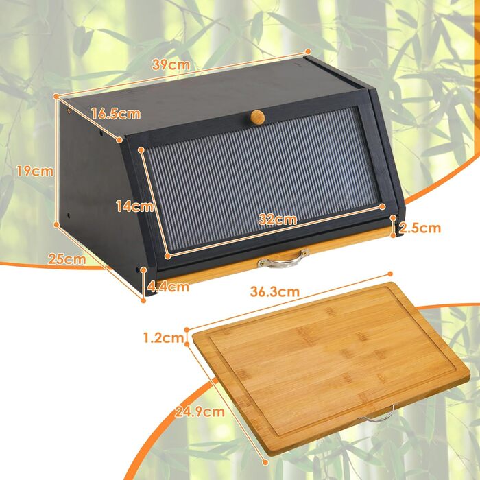 YOUDENOVA Хлібниця з дощечкою для нарізання, дерев'яна хлібниця, коробка для зберігання, бамбукова скринька для хліба, солі та перечниці, 39x25x20 (ДxШxВ) см, Чорний