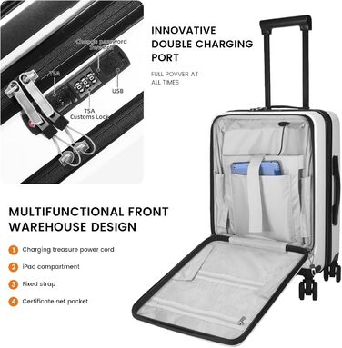 Валіза ручної поклажі 20 дюймів з відділенням для ноутбука, легка валіза з жорстким корпусом та TSA-замком, кабінний багаж на спінених колесах, USB-зарядний пристрій та тримач для напоїв (білий)