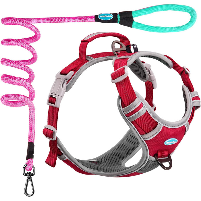Шлейка для собак ThinkPet No-Pull, дихаюча, для малих, середніх та великих собак, регульована, м'яка, для прогулянок, безпечна, з контролем, з підкладкою, світловідбиваюча, червона, з повідком 150 см, розмір M