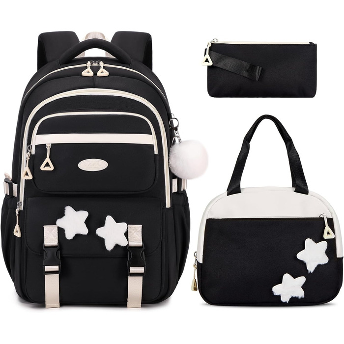 Набір шкільних рюкзаків для дівчаток Lässig: 3 шт. (рюкзак, ланчбокс, пенал) для 2-5 класів. Чорний шкільний рюкзак для підлітків та дітей.