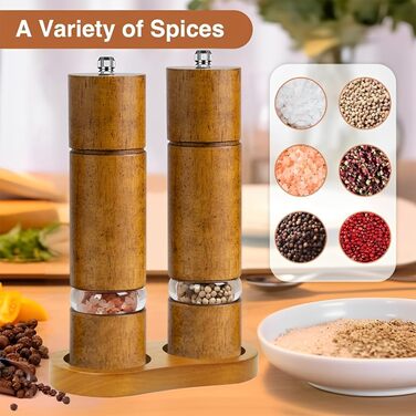 Механічна млинка для солі та перцю з керамічним жорном, регульована ступінь помелу, набір 2 шт. з підставкою, висота 21,5 см
