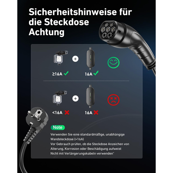 Кабель для зарядки електромобіля Evjuicion Typ 2 Schuko, 3.68kW, 6м, 16A, з індикатором, IP67, для ID.3/4, X1, 5ER, Model Y/3 та інших електромобілів