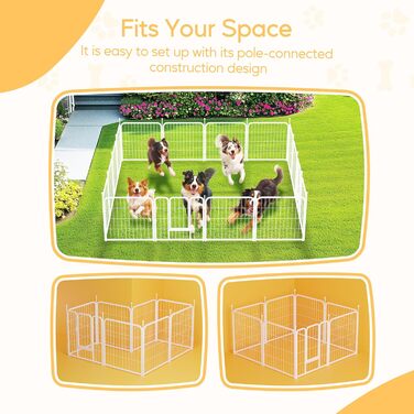 Вольєр для собак HealSmart, 61 см, 8 панелей, міцний метал, портативний, для дому та вулиці, для кемпінгу, двору, автодому, садового паркану, приватності, тераси, білий