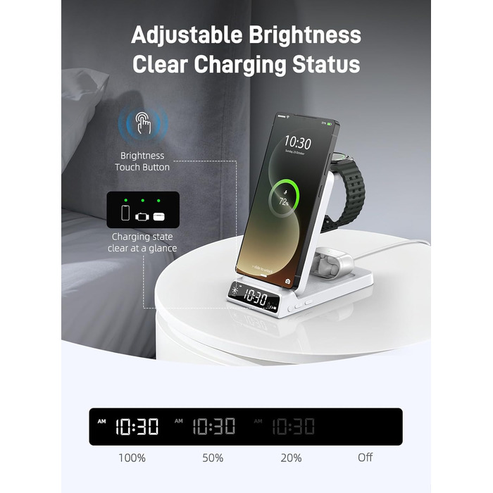 Бездротова зарядка для Samsung з годинником: станція для Galaxy S25 Ultra/S24/Z Fold 6/Flip 7/Bud, Watch, серій 8/7/6/5Pro, 3 в 1, сірий (білий)