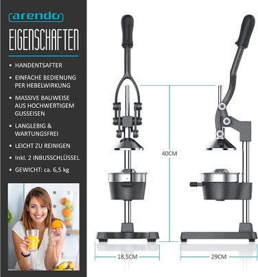 Arendo Manual Citrus Juicer - Stainless Steel Lever Press for Oranges, Grapefruits & Citrus Fruits - Heavy Duty