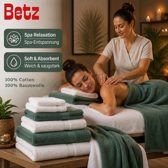 Набір рушників Betz Premium 12 предметів, 100% бавовна, Oeko-TEX, 470 г/м², колір білий/темно-зелений (2 банні, 4 рушники для рук, 2 гостьові, 2 для мила, 2 рукавички)