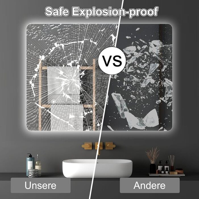 Дзеркало для ванної кімнати LED 50x70 см з підсвічуванням, сенсорне керування, регулювання яскравості, 3 кольори світла, без рамки