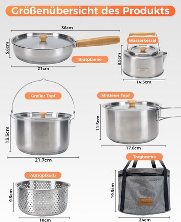 Набір посуду для кемпінгу KingCamp з кошиком, нержавіюча сталь, антипригарне покриття, 4-х частинний набір + чайник