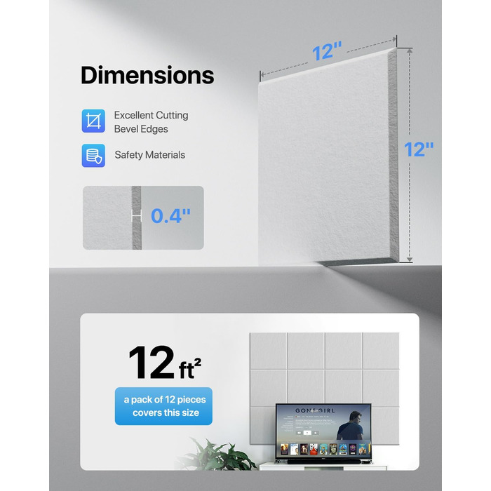 Акустичні панелі квадратні самоклейні для звукоізоляції стін, шумопоглинаючі плити високої щільності, 30x30x0.9 см, 18 шт, білі