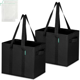 Large Folding Shopping Bags 3-Pack & Fruit Net – Sturdy Large Folding Shopping Basket with Reinforced Bottom – Ideal Shopping Bag for Shopping Carts & Trunk – 80 L (Black 2-Pack)